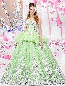 Dazzling Scoop Yellow Green Sleeveless Lace and Appliques Floor Length 15th Birthday Dress