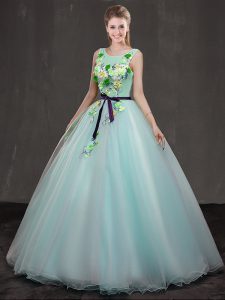 Elegant Organza Scoop Sleeveless Lace Up Appliques Sweet 16 Quinceanera Dress in Apple Green