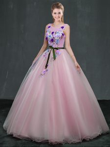 Scoop Pink Sleeveless Appliques Floor Length Quinceanera Gown