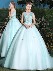 Attractive Light Blue Ball Gown Prom Dress Scoop Sleeveless Brush Train Lace Up