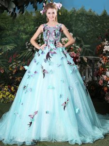 Brush Train Ball Gowns Ball Gown Prom Dress Light Blue Scoop Organza Sleeveless Lace Up