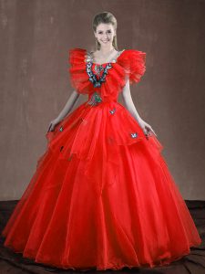 Flirting Red Ball Gowns Organza Sweetheart Sleeveless Appliques and Ruffles Floor Length Lace Up Quince Ball Gowns