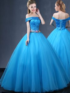 Off the Shoulder Baby Blue Ball Gowns Beading and Appliques Quinceanera Gowns Lace Up Tulle Sleeveless Floor Length