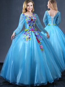 Super Ball Gowns Vestidos de Quinceanera Baby Blue V-neck Tulle Long Sleeves Floor Length Lace Up