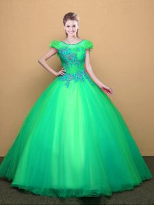 Ball Gowns Quinceanera Gowns Turquoise Scoop Tulle Short Sleeves Floor Length Lace Up