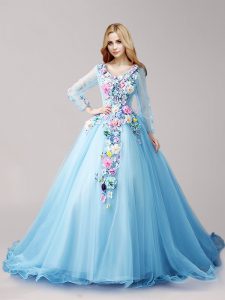 Romantic Long Sleeves Hand Made Flower Lace Up 15th Birthday Dress with Baby Blue Brush Train