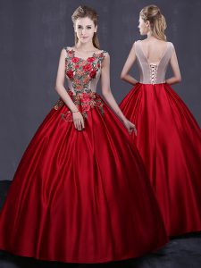 Eye-catching Scoop Wine Red Sleeveless Satin Lace Up Vestidos de Quinceanera for Military Ball and Sweet 16 and Quinceanera