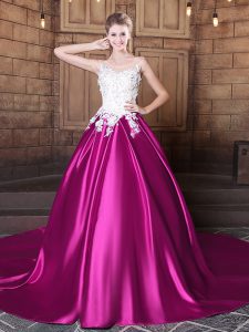 Captivating Scoop Elastic Woven Satin Sleeveless With Train Quinceanera Dresses Court Train and Appliques