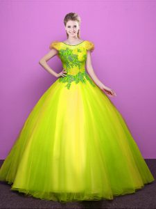 Delicate Scoop Short Sleeves Floor Length Appliques Lace Up 15 Quinceanera Dress with Yellow Green
