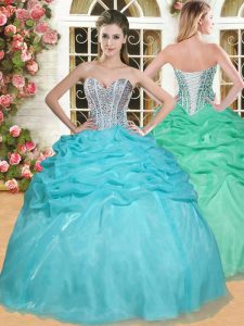 Stylish Pick Ups Aqua Blue Sleeveless Organza Lace Up Quinceanera Gown for Military Ball and Sweet 16 and Quinceanera