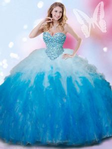 Floor Length Blue And White Sweet 16 Quinceanera Dress Tulle Sleeveless Beading and Ruffles