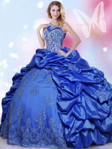 Free and Easy Halter Top Sleeveless Lace Up Floor Length Beading and Lace and Appliques and Pick Ups Quince Ball Gowns