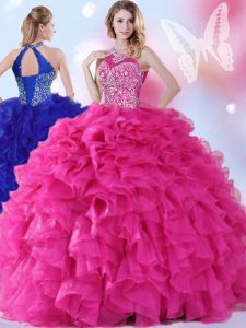 Halter Top Floor Length Lace Up Sweet 16 Dresses Hot Pink for Military Ball and Sweet 16 and Quinceanera with Beading and Ruffles