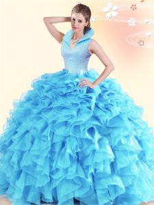 Classical Backless High-neck Sleeveless Quinceanera Gown Floor Length Beading and Ruffles Aqua Blue Organza