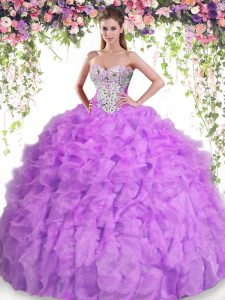 Sweetheart Sleeveless 15 Quinceanera Dress Floor Length Beading and Ruffles Lilac Organza