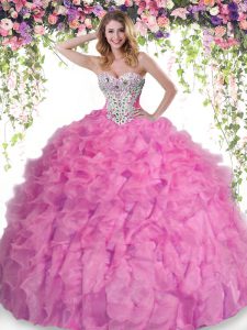 Gorgeous Rose Pink Ball Gowns Sweetheart Sleeveless Organza Floor Length Lace Up Beading and Ruffles 15th Birthday Dress