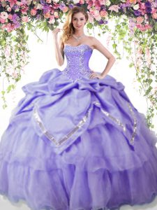 Lavender Organza and Taffeta Lace Up Sweetheart Sleeveless Floor Length 15th Birthday Dress Beading and Pick Ups