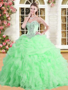 Nice Sleeveless Tulle Floor Length Lace Up Sweet 16 Dresses in with Appliques and Ruffles and Pick Ups