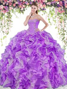 White And Purple Ball Gowns Beading and Ruffles Ball Gown Prom Dress Lace Up Organza Sleeveless Floor Length