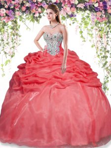 Super Beading and Pick Ups Ball Gown Prom Dress Red Lace Up Sleeveless Floor Length