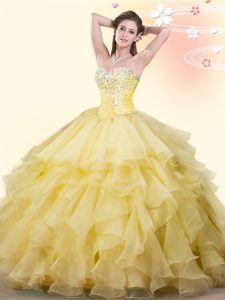 Eye-catching Beading and Ruffles Quinceanera Dress Yellow Lace Up Sleeveless Floor Length