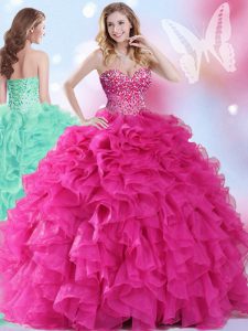 Hot Pink Sleeveless Beading and Ruffles Floor Length 15th Birthday Dress
