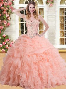 Custom Made Peach Ball Gowns Sweetheart Sleeveless Organza Floor Length Lace Up Beading and Appliques and Ruffles and Pick Ups Ball Gown Prom Dress