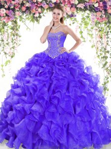 Colorful Purple Sweetheart Lace Up Beading and Ruffles Party Dress Sweep Train Sleeveless