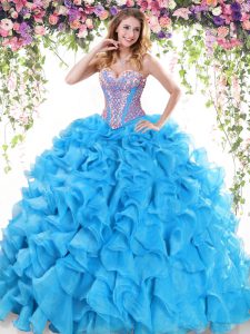 Baby Blue Sweetheart Lace Up Beading and Ruffles 15 Quinceanera Dress Sweep Train Sleeveless