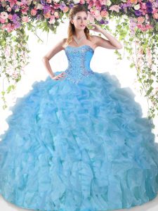 High Quality Floor Length Lace Up Ball Gown Prom Dress Baby Blue for Military Ball and Sweet 16 and Quinceanera with Beading and Ruffles