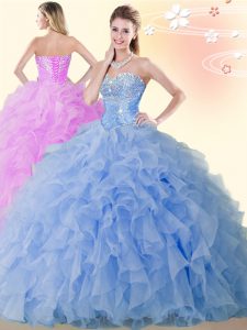 Sleeveless Organza Floor Length Lace Up Quinceanera Dresses in Blue with Beading and Ruffles