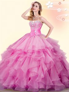 Rose Pink Sweetheart Lace Up Beading and Ruffles Quince Ball Gowns Sleeveless