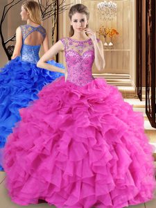 Adorable Scoop Beading and Ruffles Sweet 16 Dress Hot Pink Lace Up Sleeveless Floor Length