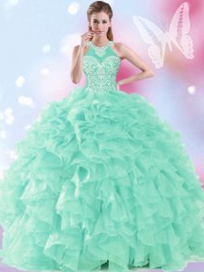 Superior Apple Green Halter Top Neckline Beading and Ruffles Quinceanera Gowns Sleeveless Lace Up