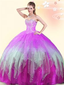 Sleeveless Tulle Floor Length Lace Up Quince Ball Gowns in Multi-color with Beading
