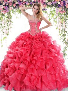 Sleeveless Sweep Train Beading and Ruffles Lace Up Ball Gown Prom Dress