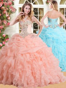 Peach Organza Lace Up Quinceanera Dresses Sleeveless Floor Length Appliques and Ruffles and Pick Ups