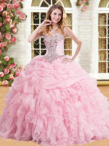 Top Selling Pick Ups Baby Pink Sleeveless Organza Lace Up Quinceanera Dress for Military Ball and Sweet 16 and Quinceanera