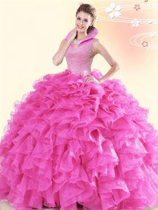 Floor Length Backless Sweet 16 Quinceanera Dress Hot Pink for Military Ball and Sweet 16 and Quinceanera with Beading and Ruffles