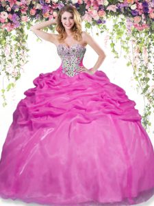 Beading and Pick Ups Sweet 16 Dresses Hot Pink Lace Up Sleeveless Floor Length
