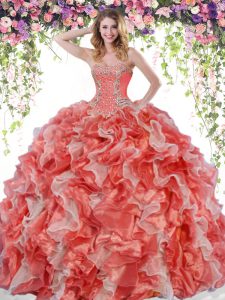 Floor Length White And Red Sweet 16 Quinceanera Dress Organza Sleeveless Beading and Ruffles