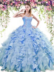 Sleeveless Organza and Taffeta Floor Length Lace Up Womens Party Dresses in Blue with Beading and Ruffles