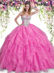 Hot Pink Ball Gowns Sweetheart Sleeveless Organza Floor Length Lace Up Beading and Ruffles Sweet 16 Quinceanera Dress