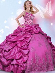 Superior Pick Ups Ball Gowns Quinceanera Dress Fuchsia Halter Top Taffeta Sleeveless Floor Length Lace Up