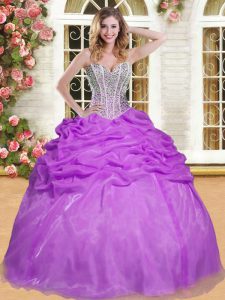 Customized Eggplant Purple Organza Lace Up 15 Quinceanera Dress Sleeveless Floor Length Beading and Pick Ups