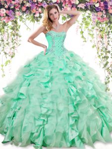 Fancy Apple Green Organza and Taffeta Lace Up Sweetheart Sleeveless Floor Length Vestidos de Quinceanera Beading and Ruffles