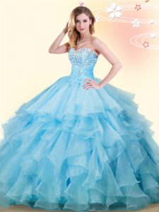 Glamorous Sweetheart Sleeveless Quince Ball Gowns Floor Length Beading and Ruffles Baby Blue Organza