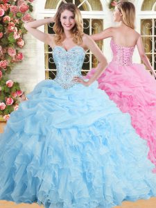 Sleeveless Tulle Floor Length Lace Up Quinceanera Court Dresses in Baby Blue with Beading and Appliques and Ruffles and Pick Ups