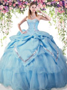 Sleeveless Organza and Taffeta Floor Length Lace Up 15th Birthday Dress in Baby Blue with Beading and Pick Ups