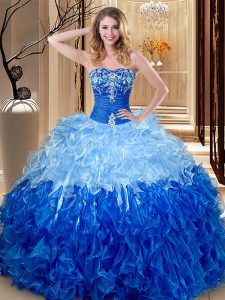 Low Price Sleeveless Floor Length Embroidery and Ruffles Lace Up Sweet 16 Dresses with Multi-color and Blue And White